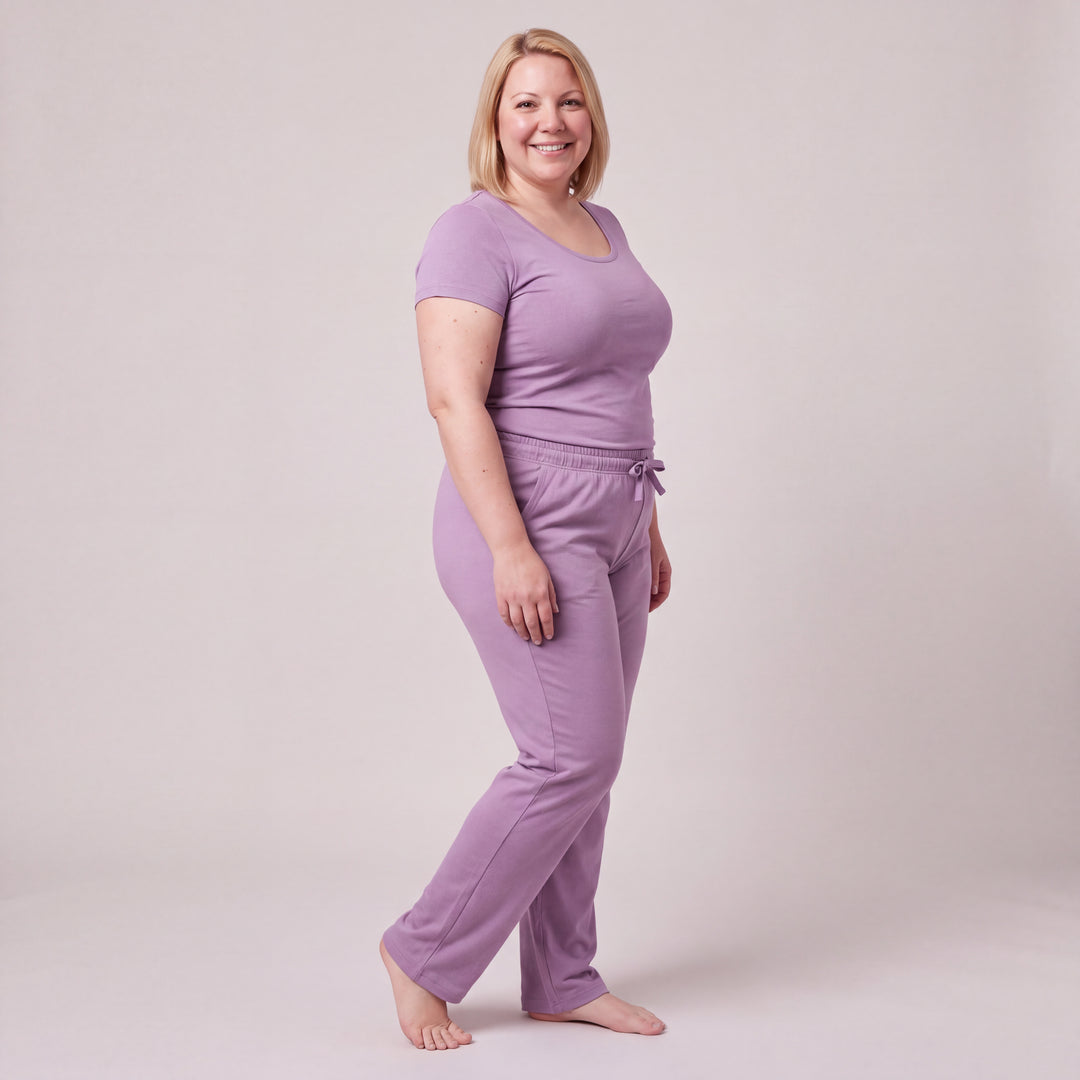 Violet Cool-jams NightCool Scoop T-Shirt for women, worn with matching drawstring pants, side view, full length