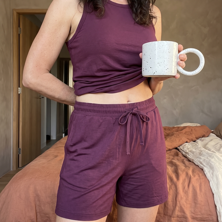 Merlot Cool-jams NightCool Pajama Shorts for women, lifestyle view, temperature-regulating sleep fabric
