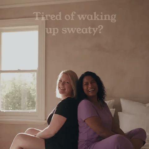 Women in NightCool sleepwear on a bed, then NightCool fabric moving moisture, ending on the NightCool 30 Night Sleep Trial card