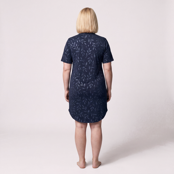 Navy Leaf Cool-jams NightCool Snap Front Nightshirt for women, back view, dries in minutes