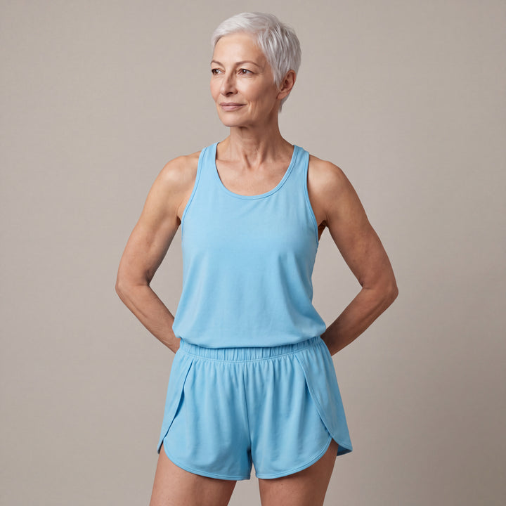 Island Cool-jams NightCool Tulip Tank Top for women, worn with matching Tulip Shorts, close-up from head to hips