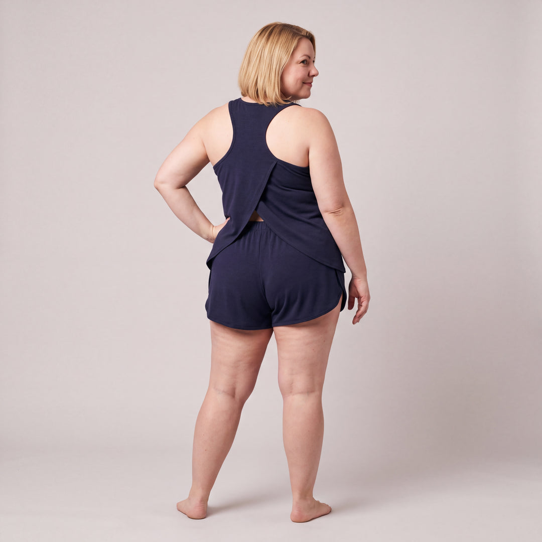 Navy Cool-jams NightCool Tulip Tank Top for women, worn with matching Tulip Shorts, back view, full length
