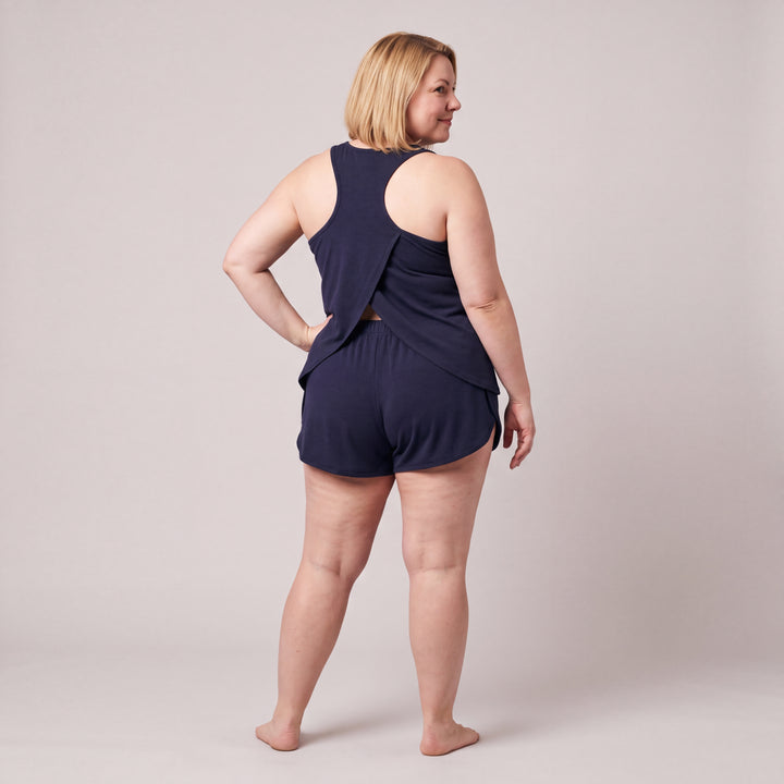 Navy Cool-jams NightCool Tulip Tank Top for women, worn with matching Tulip Shorts, back view, full length