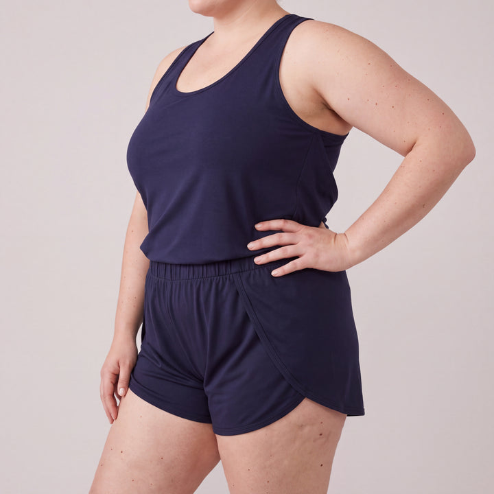 Navy Cool-jams NightCool Tulip Tank Top for women, close-up, hand on hip, the tank and tulip shorts