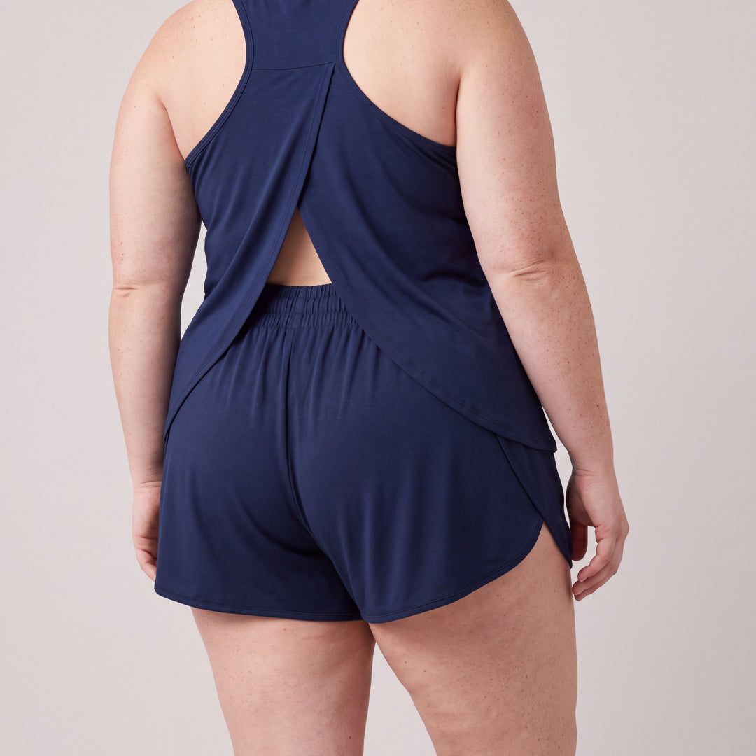 Navy Cool-jams NightCool Tulip Tank Top for women, close-up, back view, the racerback and overlapping panels