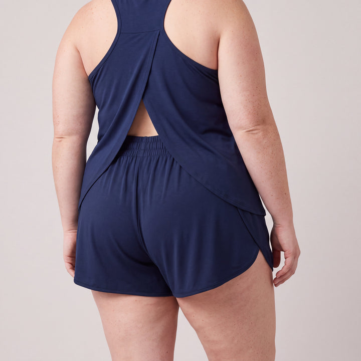 Navy Cool-jams NightCool Tulip Tank Top for women, close-up, back view, the racerback and overlapping panels
