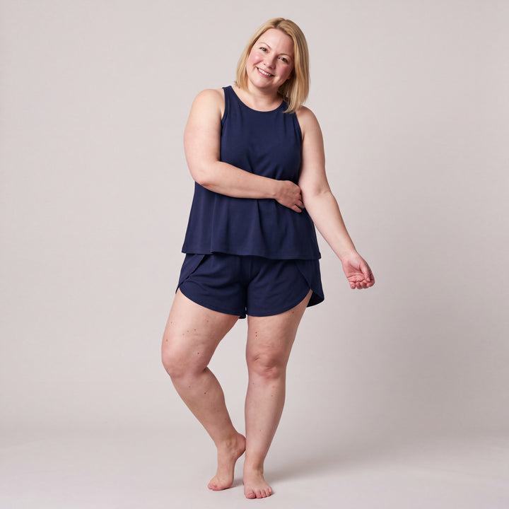 Navy Cool-jams NightCool Tulip Tank Top for women, worn with matching Tulip Shorts, front view, full length