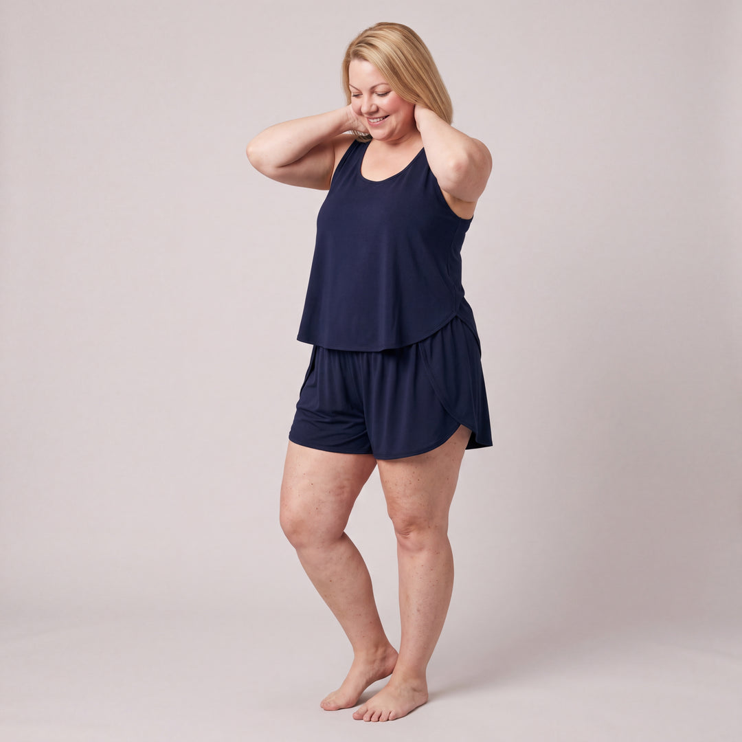 Navy Cool-jams NightCool Tulip Tank Top for women, worn with matching Tulip Shorts, side view, full length