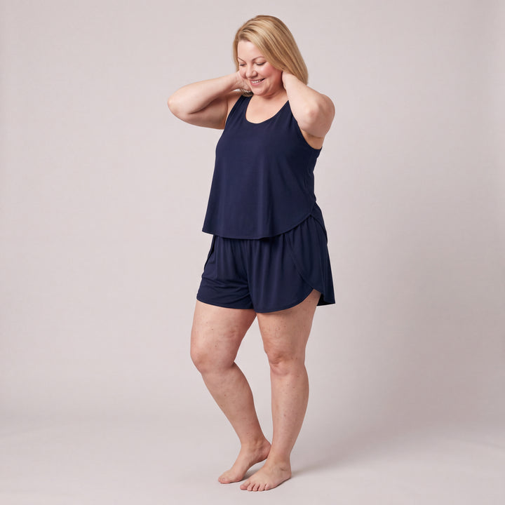 Navy Cool-jams NightCool Tulip Tank Top for women, worn with matching Tulip Shorts, side view, full length