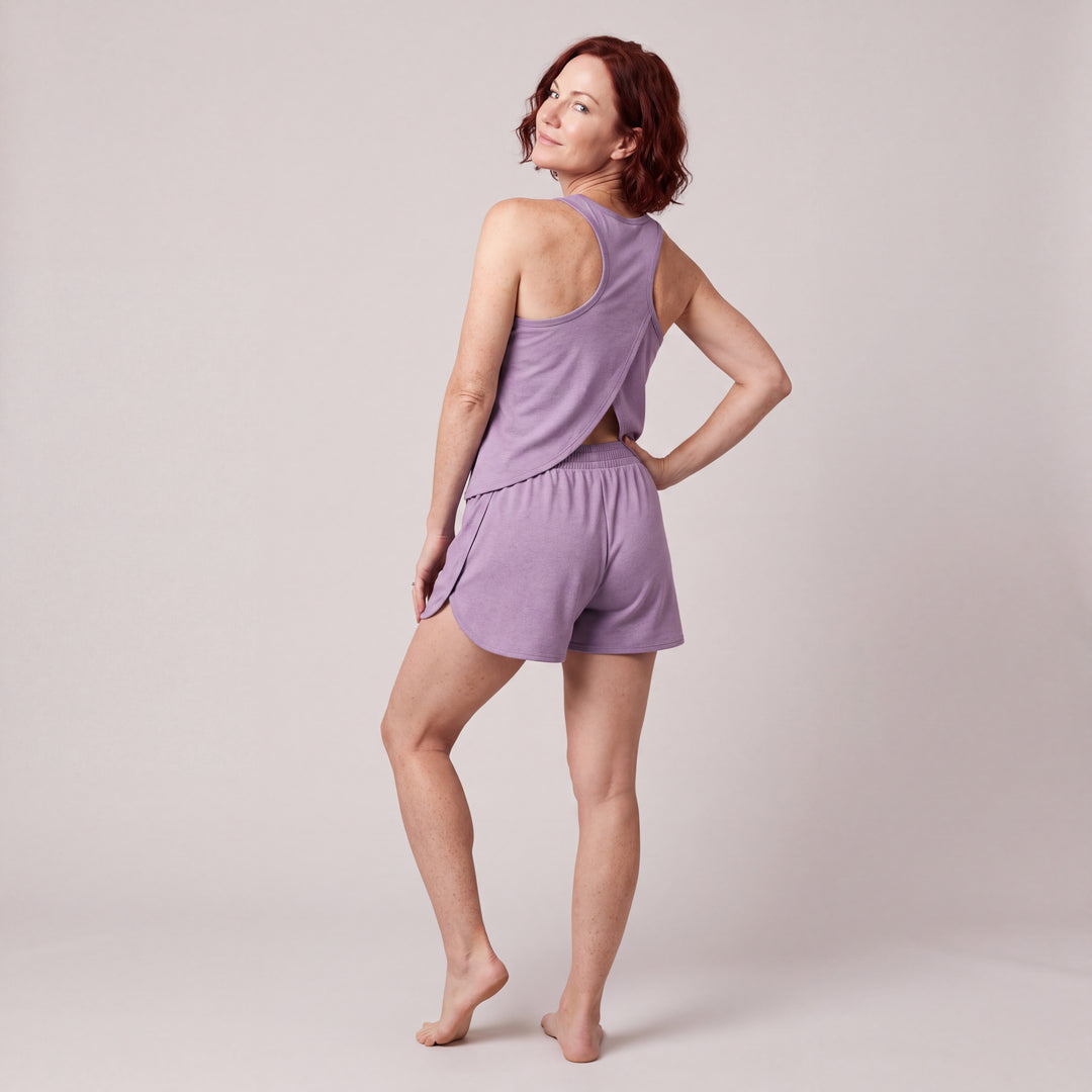 Violet Cool-jams NightCool Tulip Tank Top for women, worn with matching Tulip Shorts, back view, full length