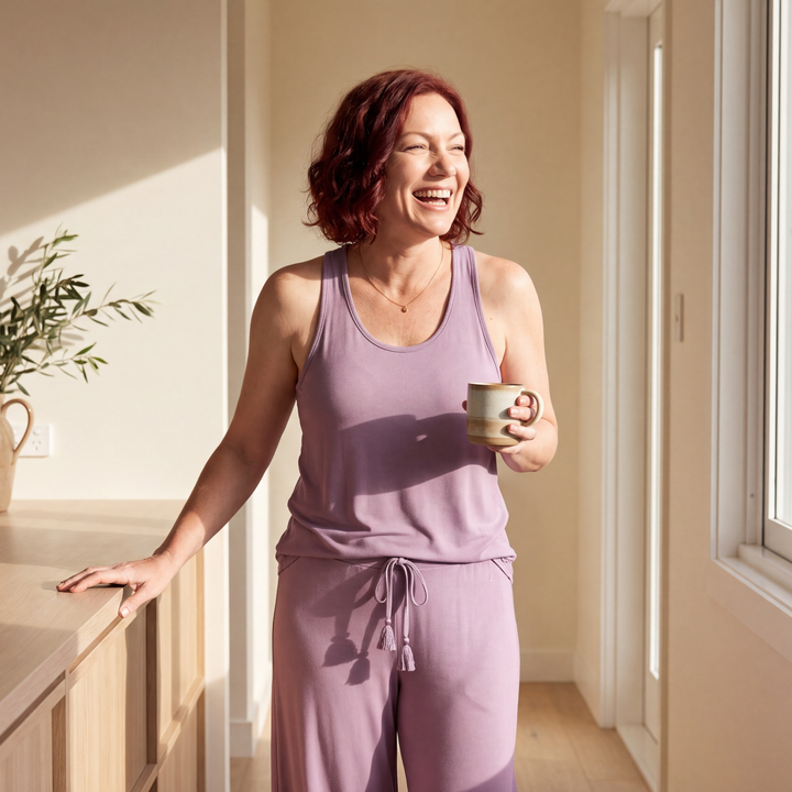 Violet Cool-jams NightCool Tulip Tank Top for women, lifestyle view, for women who sleep hot