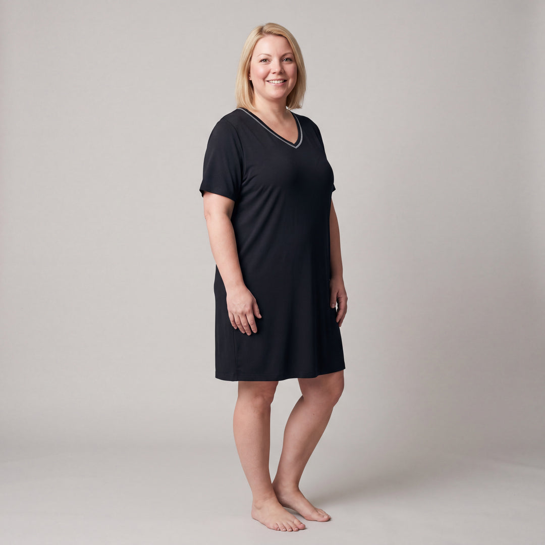 Black Cool-jams NightCool V-Neck Nightshirt for women, contrast piping at the V neckline, model standing, full length