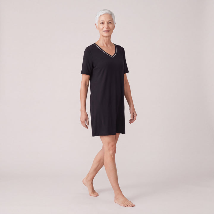 Black Cool-jams NightCool V-Neck Nightshirt for women, contrast piping at the V neckline, model walking, full length