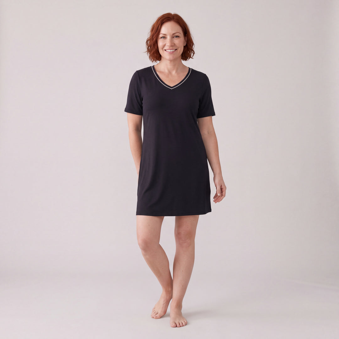 Black Cool-jams NightCool V-Neck Nightshirt for women, contrast piping at the V neckline, model standing, full length