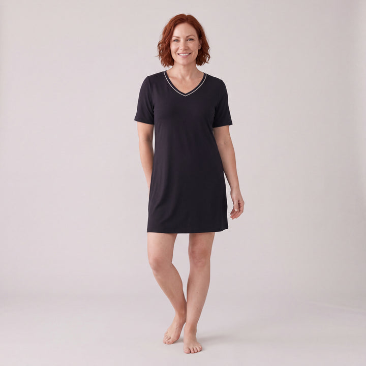 Black Cool-jams NightCool V-Neck Nightshirt for women, contrast piping at the V neckline, model standing, full length