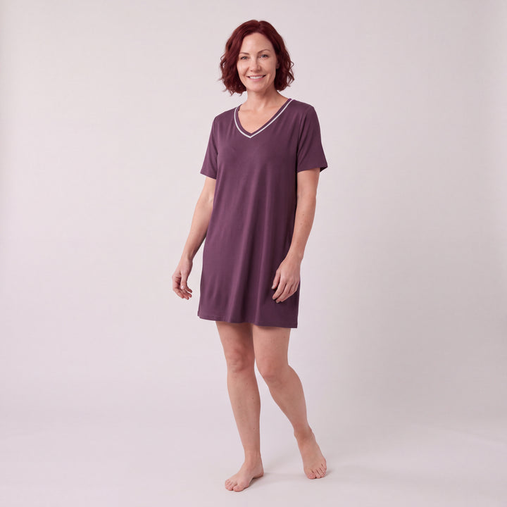 Merlot Cool-jams NightCool V-Neck Nightshirt for women, contrast piping at the V neckline, model standing, full length