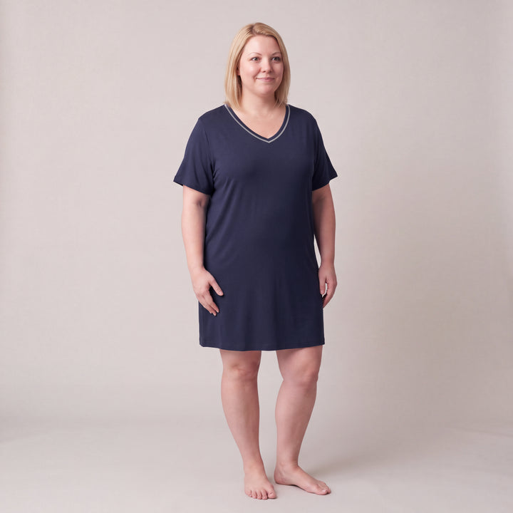 Navy Cool-jams NightCool V-Neck Nightshirt for women, contrast piping at the V neckline, model standing, full length