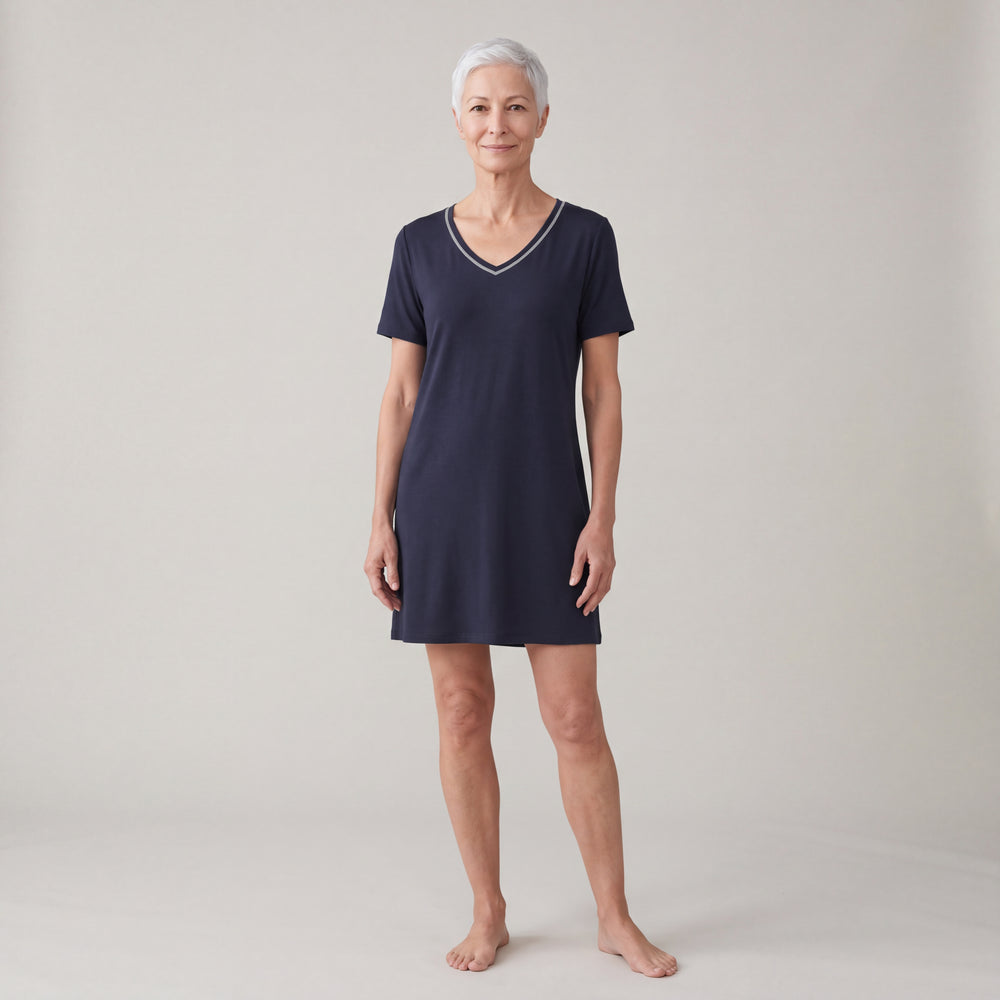 Navy Cool-jams NightCool V-Neck Nightshirt for women, contrast piping at the V neckline, model standing, full length