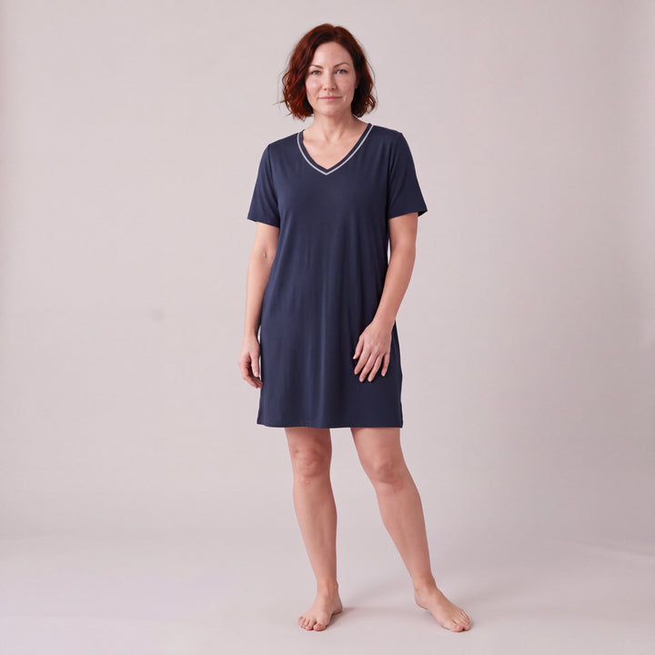 Navy Cool-jams NightCool V-Neck Nightshirt for women, contrast piping at the V neckline, model standing, full length
