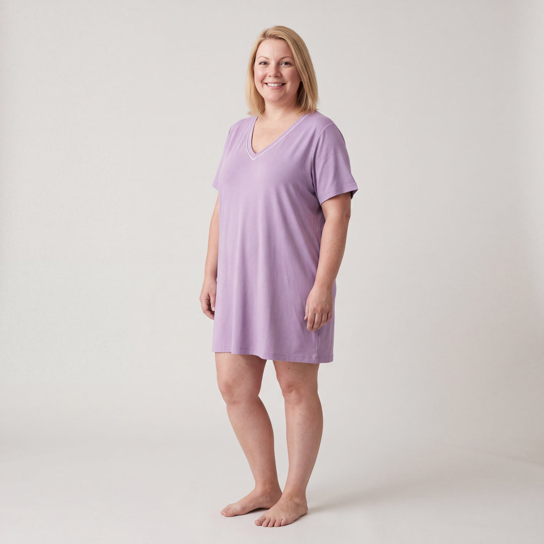 Violet Cool-jams NightCool V-Neck Nightshirt for women, contrast piping at the V neckline, model standing, full length