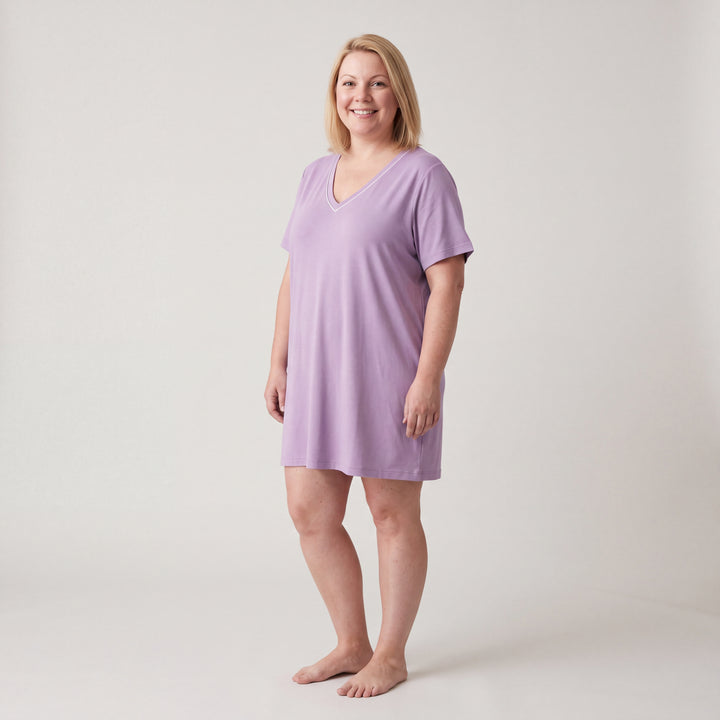 Violet Cool-jams NightCool V-Neck Nightshirt for women, contrast piping at the V neckline, model standing, full length
