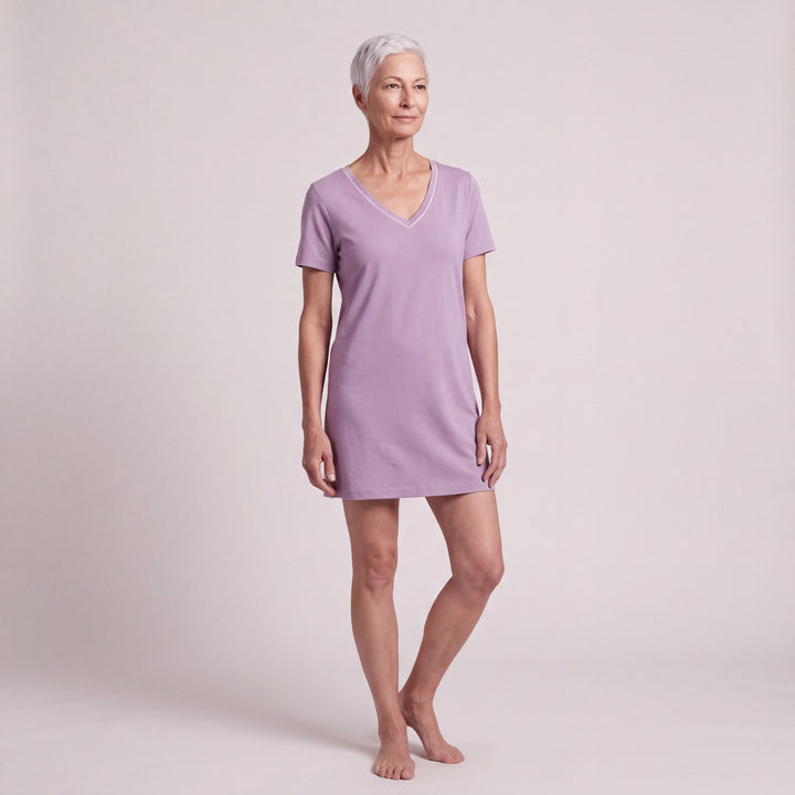 Violet Cool-jams NightCool V-Neck Nightshirt for women, contrast piping at the V neckline, model standing, full length