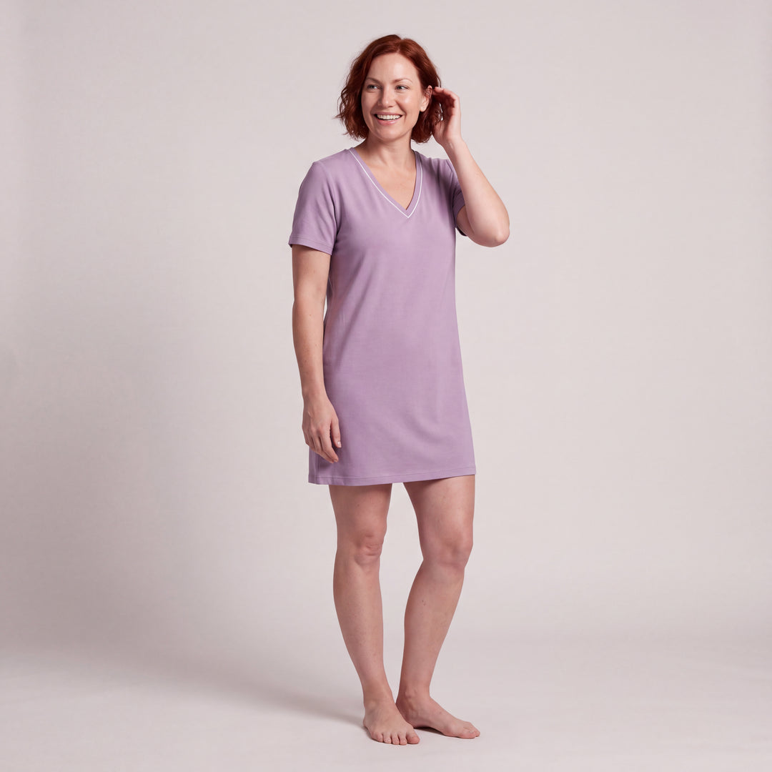 Violet Cool-jams NightCool V-Neck Nightshirt for women, contrast piping at the V neckline, model with a hand in her hair, full length