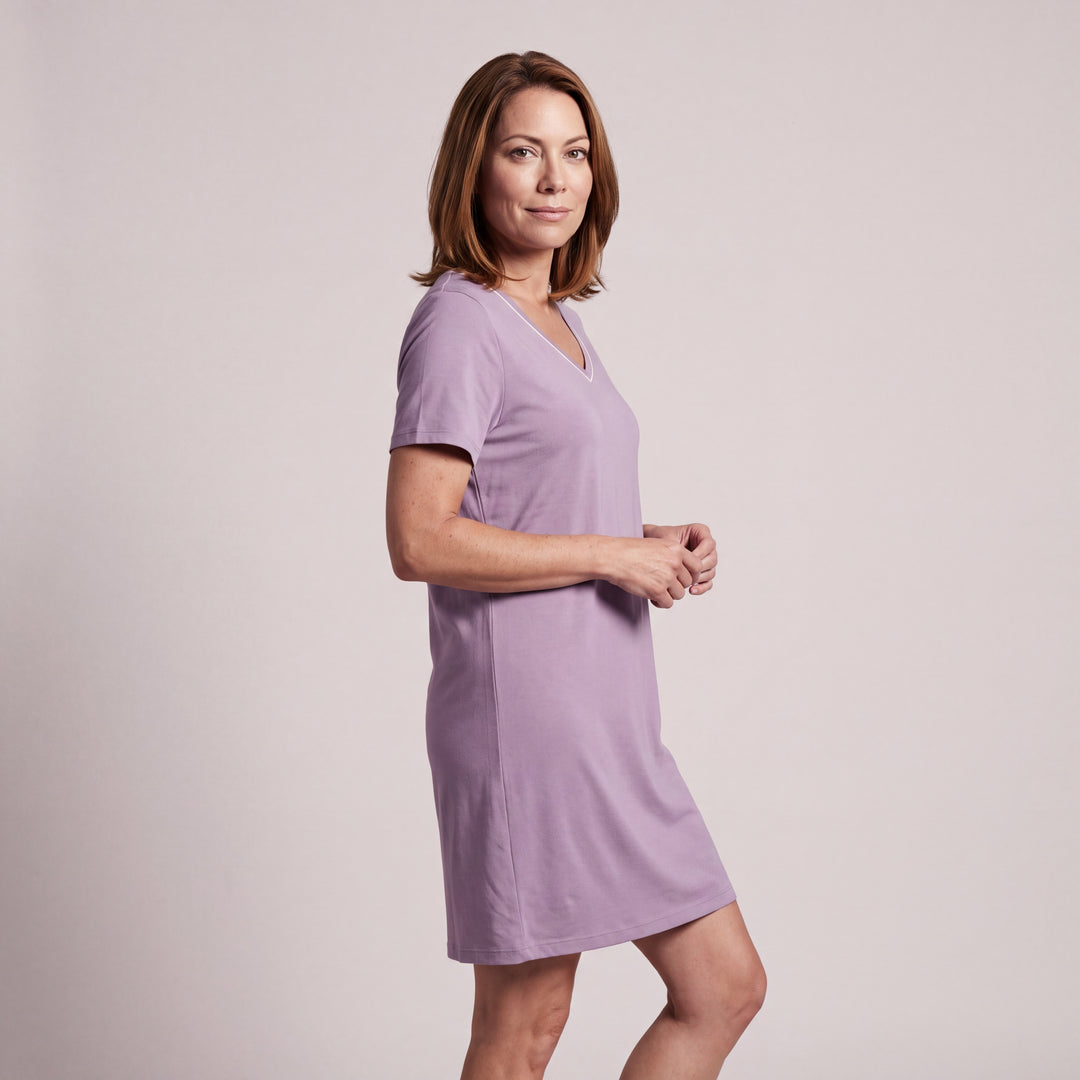 Violet Cool-jams NightCool V-Neck Nightshirt for women, side view, V neckline with ivory piping and hem above the knee