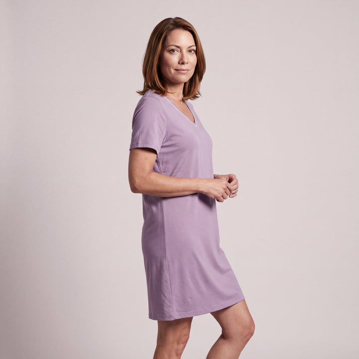 Violet Cool-jams NightCool V-Neck Nightshirt for women, side view, V neckline with ivory piping and hem above the knee