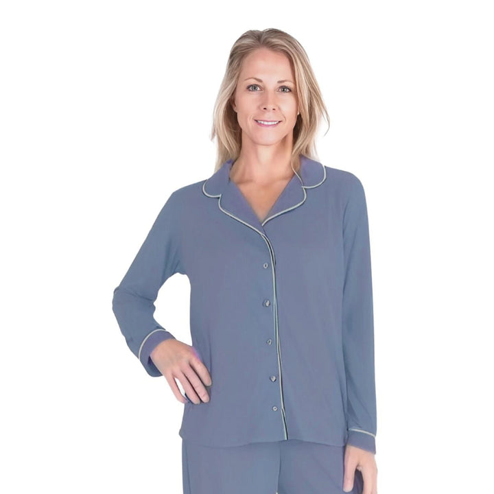 Dusk Blue Cool-jams DayBasics Button Front Long Sleeve Top for women, soft everyday comfort