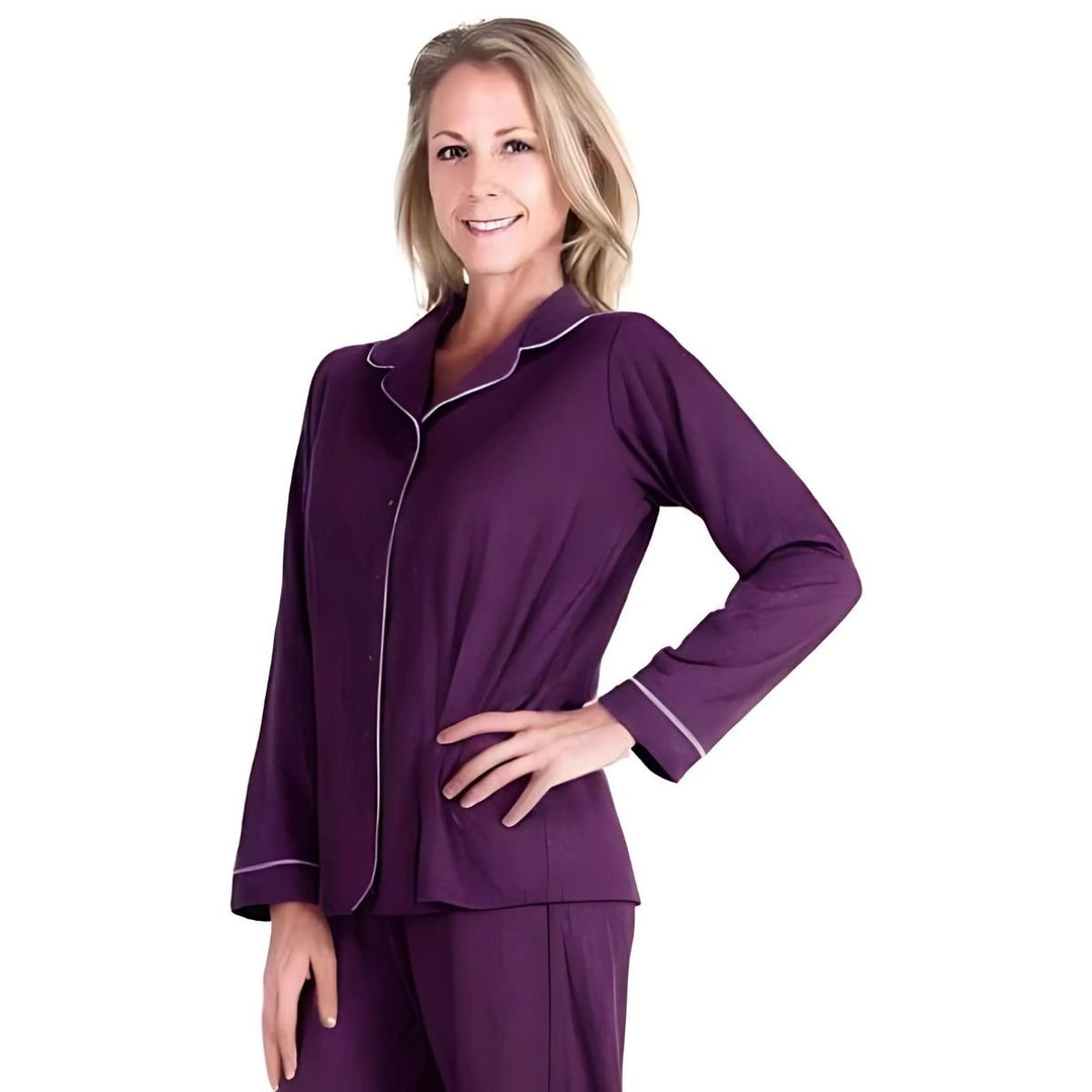 Merlot Cool-jams DayBasics Button Front Long Sleeve Top for women, soft everyday comfort