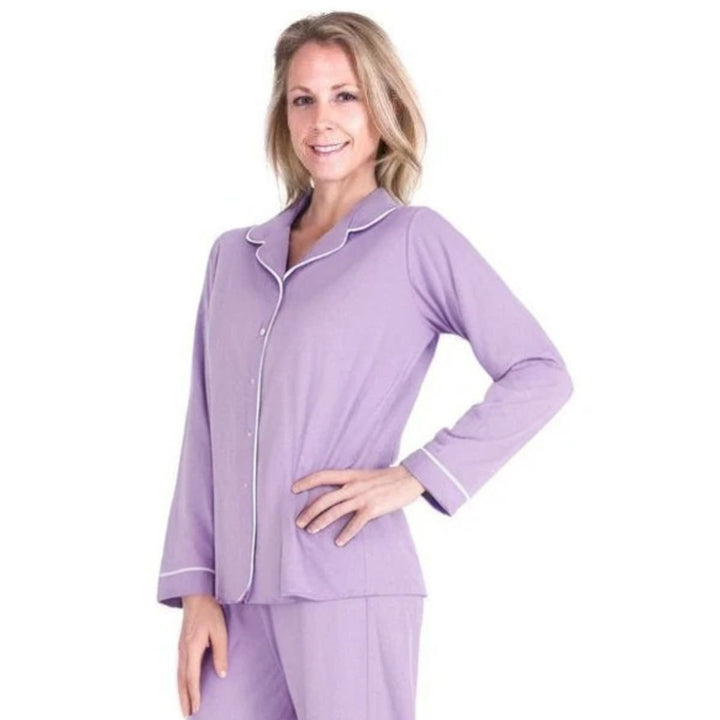 Violet Cool-jams DayBasics Button Front Long Sleeve Top for women, breathable everyday fabric