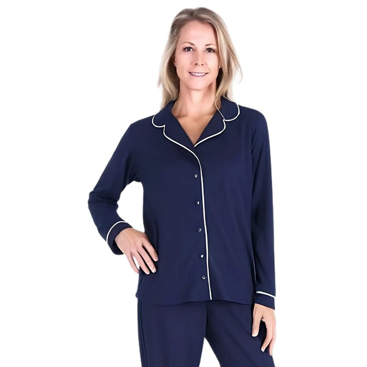 Navy Cool-jams DayBasics Button Front Long Sleeve Top for women, breathable everyday fabric