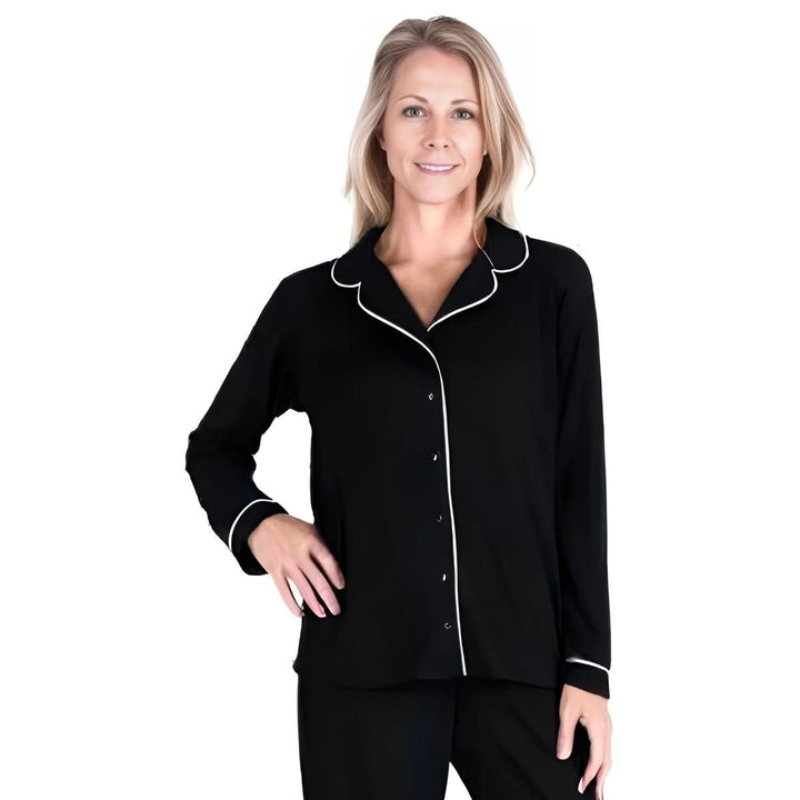 Black Cool-jams DayBasics Button Front Long Sleeve Top for women, soft and lightweight