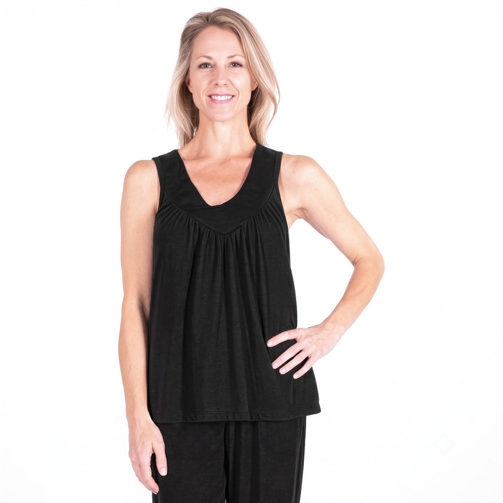 Black Cool-jams DayBasics Gathered Tank Top for women, easy everyday sleepwear