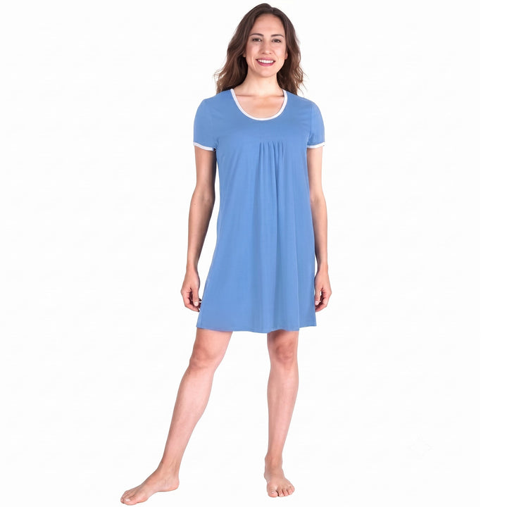 Sky Blue Cool-jams DayBasics Pleated Front Short Sleeve Nightie for women, soft, breathable sleepwear for women