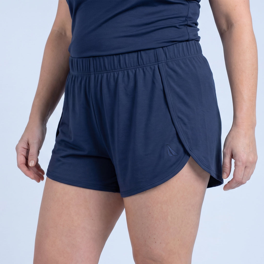 Navy Cool-jams NightCool Elastic Waist Tulip Shorts for women, breathable cooling knit