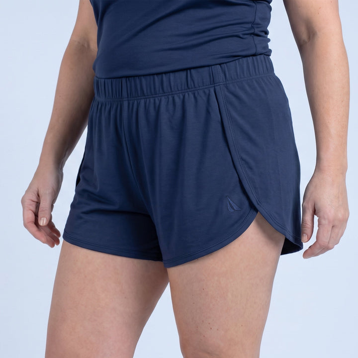 Navy Cool-jams NightCool Elastic Waist Tulip Shorts for women, breathable cooling knit