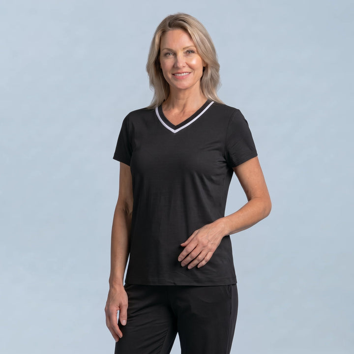 Black Cool-jams NightCool V-Neck Top for women, for perimenopause and menopause nights