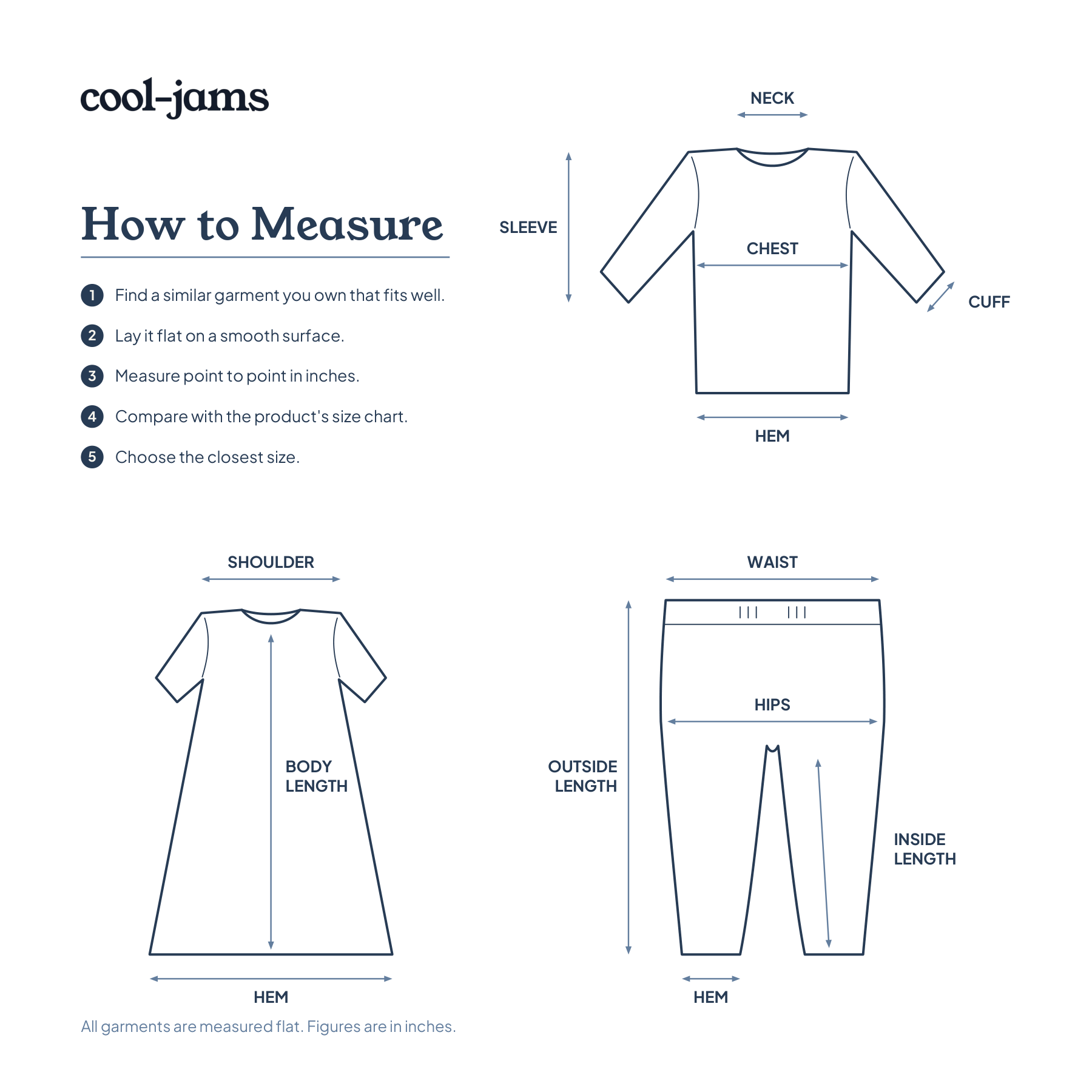 How to measure: lay the garment flat and measure point to point